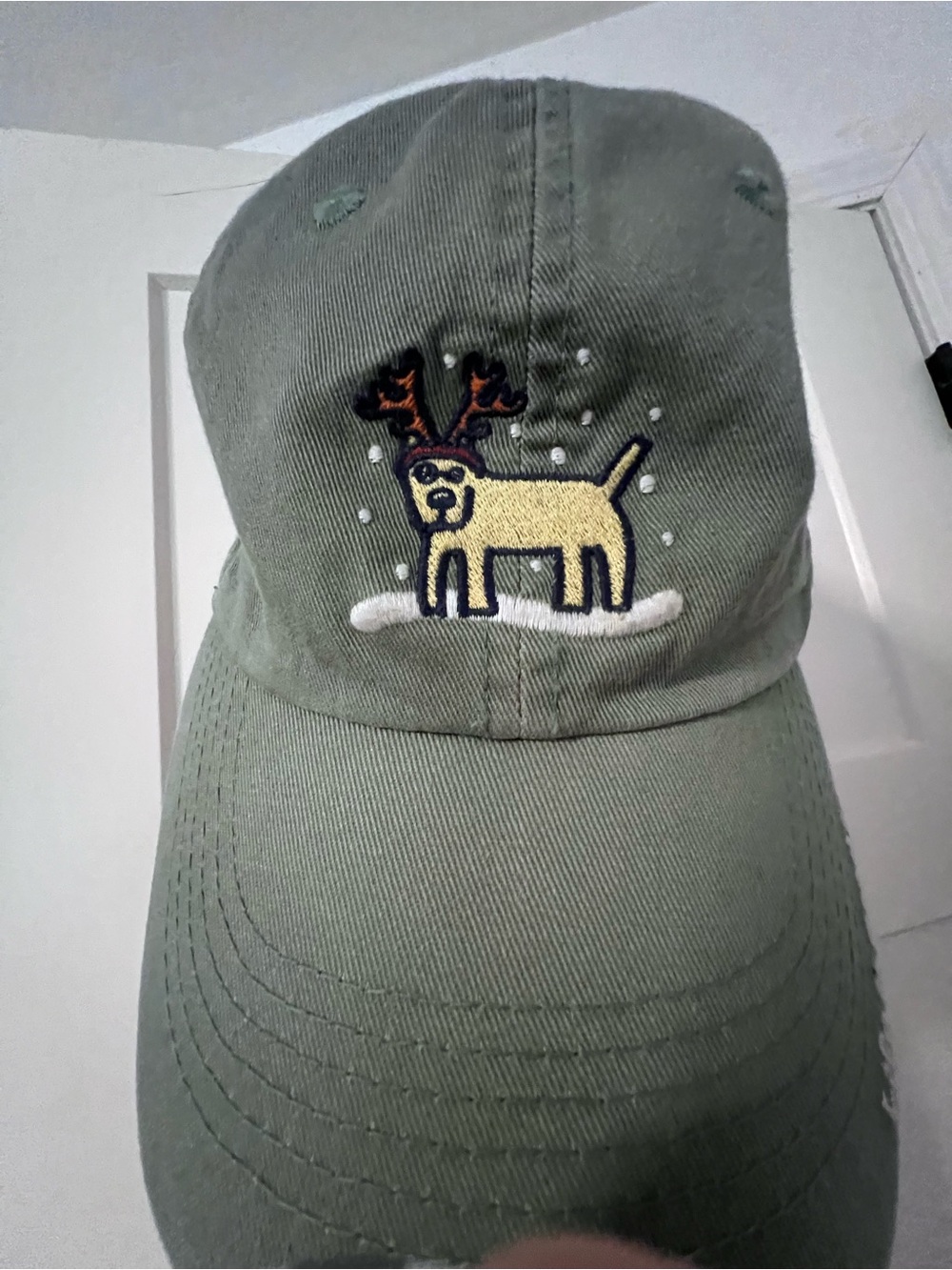 Life Is Good Olive Green Baseball Cap with Reindeer Dog Embroidery